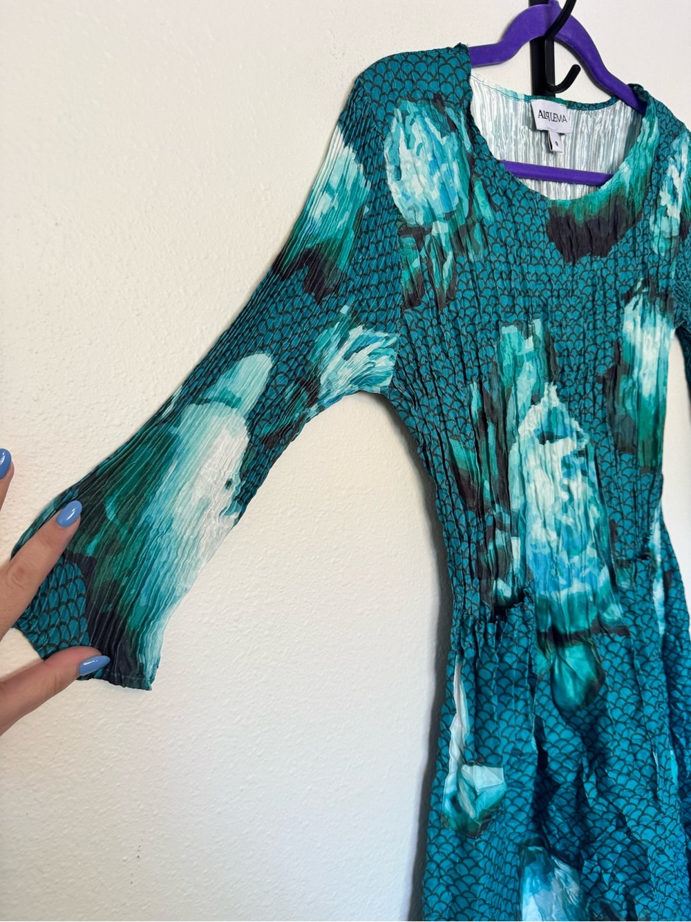 Alquema 3/4 Sleeve Smash Pocket Dress Aqua Flowers Crinkle Size 1 US 6/8 EUC - Picture 4 of 9